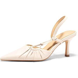 Women's Cream Slingback Kitten Heels Closed Pointed Toe Pumps Party Dress Shoes
